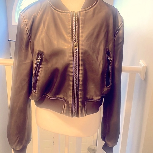 Faux leather brown Bomber Jacket‎ Large - Picture 1 of 9
